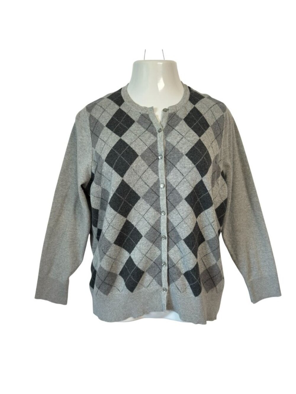 Croft & Barrow Womens 1X Cardigan Gray Argyle Button-Up Sweater Lightweight